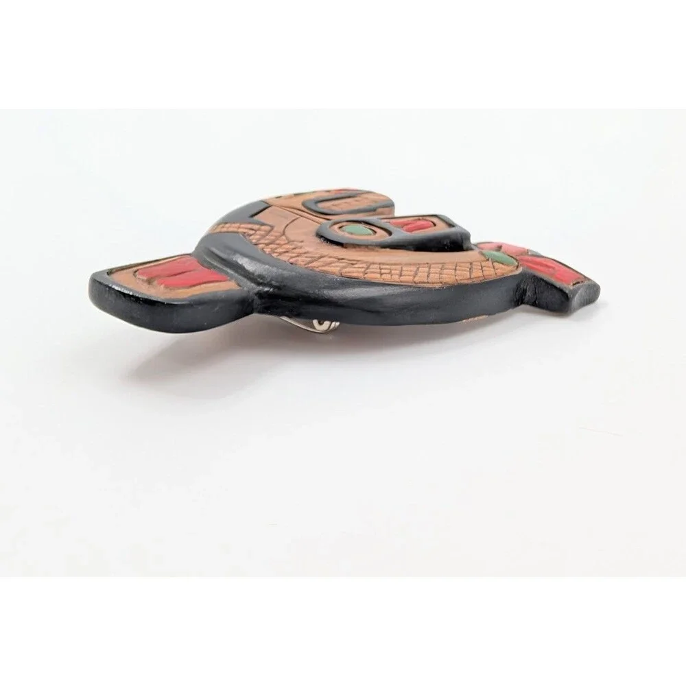 Artie George Signed Killer Whale Brooch Carved Yellow Cedar Salish First Nations
